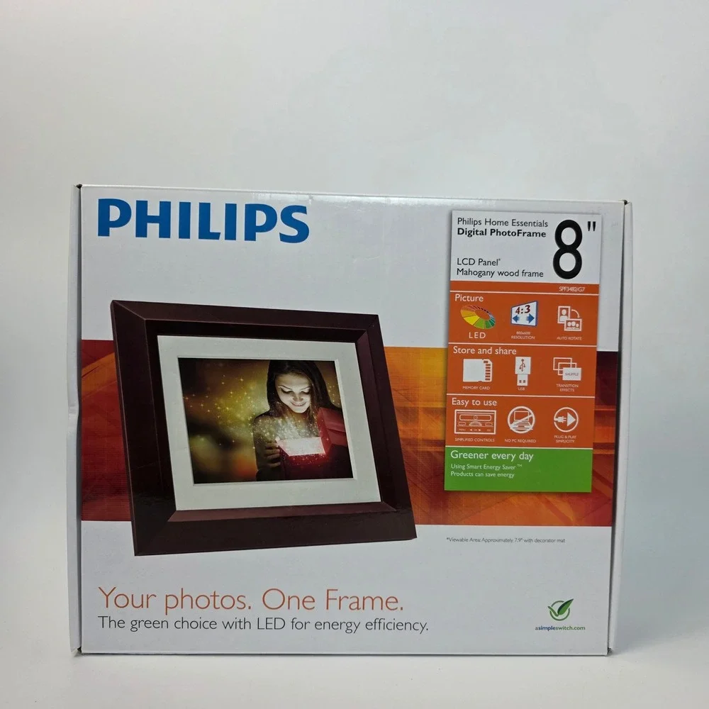 Philips 8 inch Digital Photo Frame Mahogany Wood SPF2480/37 LED 128MB Remote New